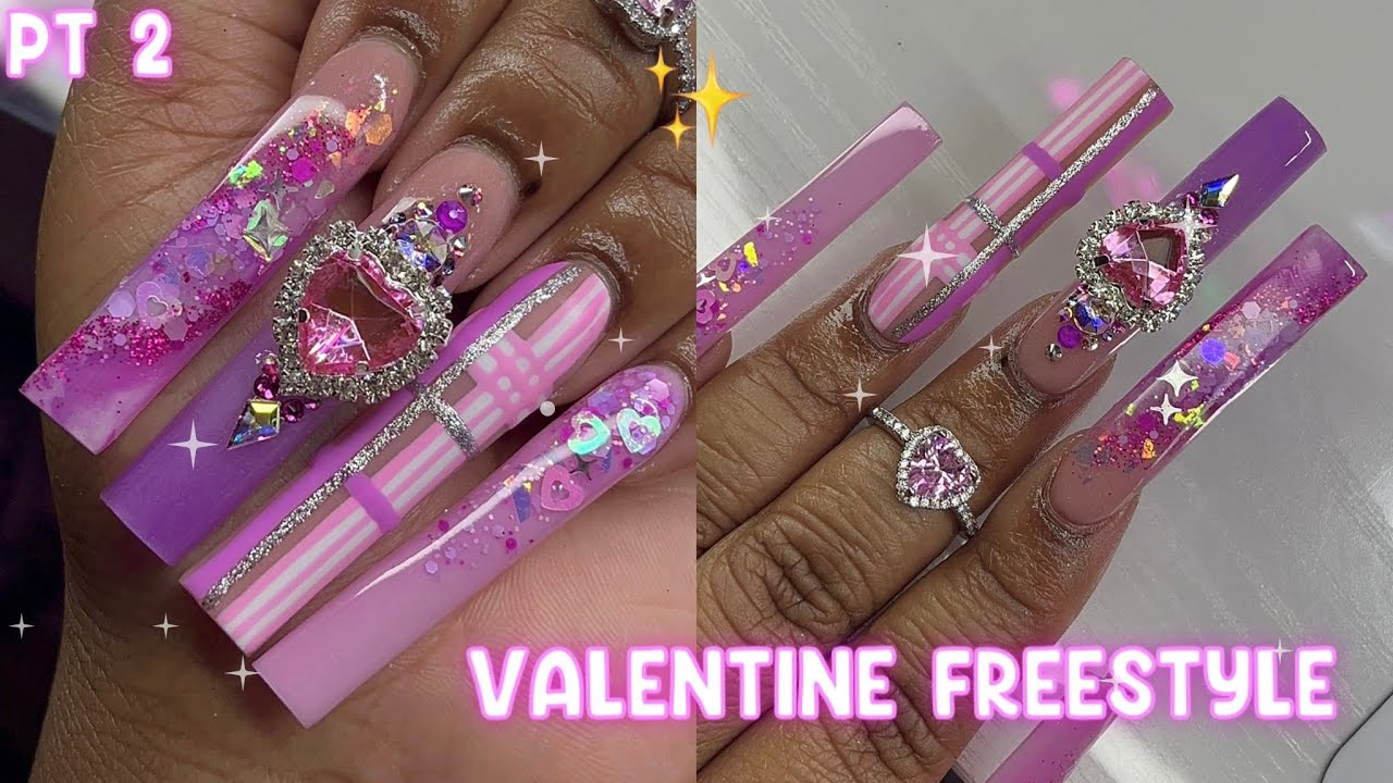 PINK & PURPLE VALENTINE NAIL FREESTYLE  💖💜💋✨PT 2 (SHAPING & DESIGN)✨