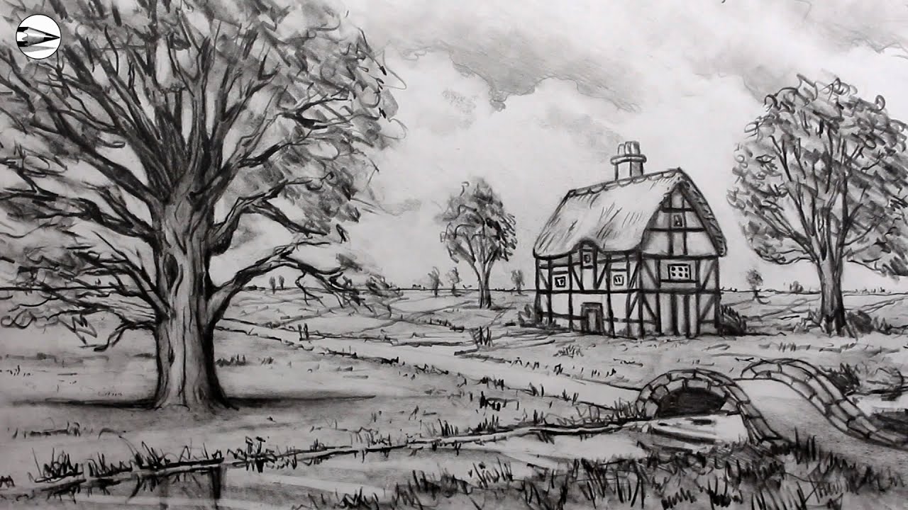 How to Draw a Cottage in a Landscape Scene for Beginners