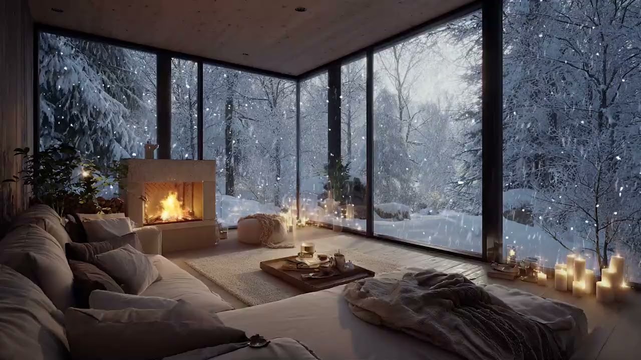 🤍❄️Slow Winter Piano Sounds | Snowy Window & Fire Ambience for Healing Night Rest