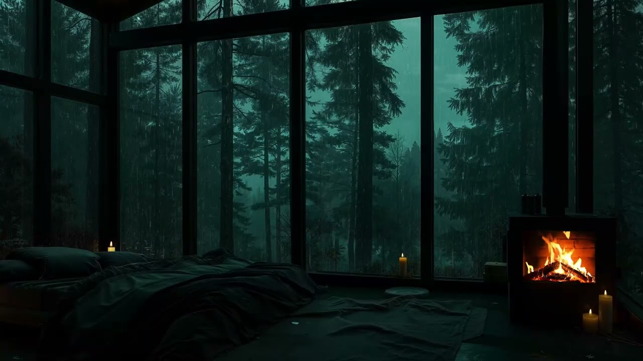 Rain Sounds for Sleeping in a Cozy Forest Cabin 🔥 Fireplace & Night Rain Ambience (24 Hours)