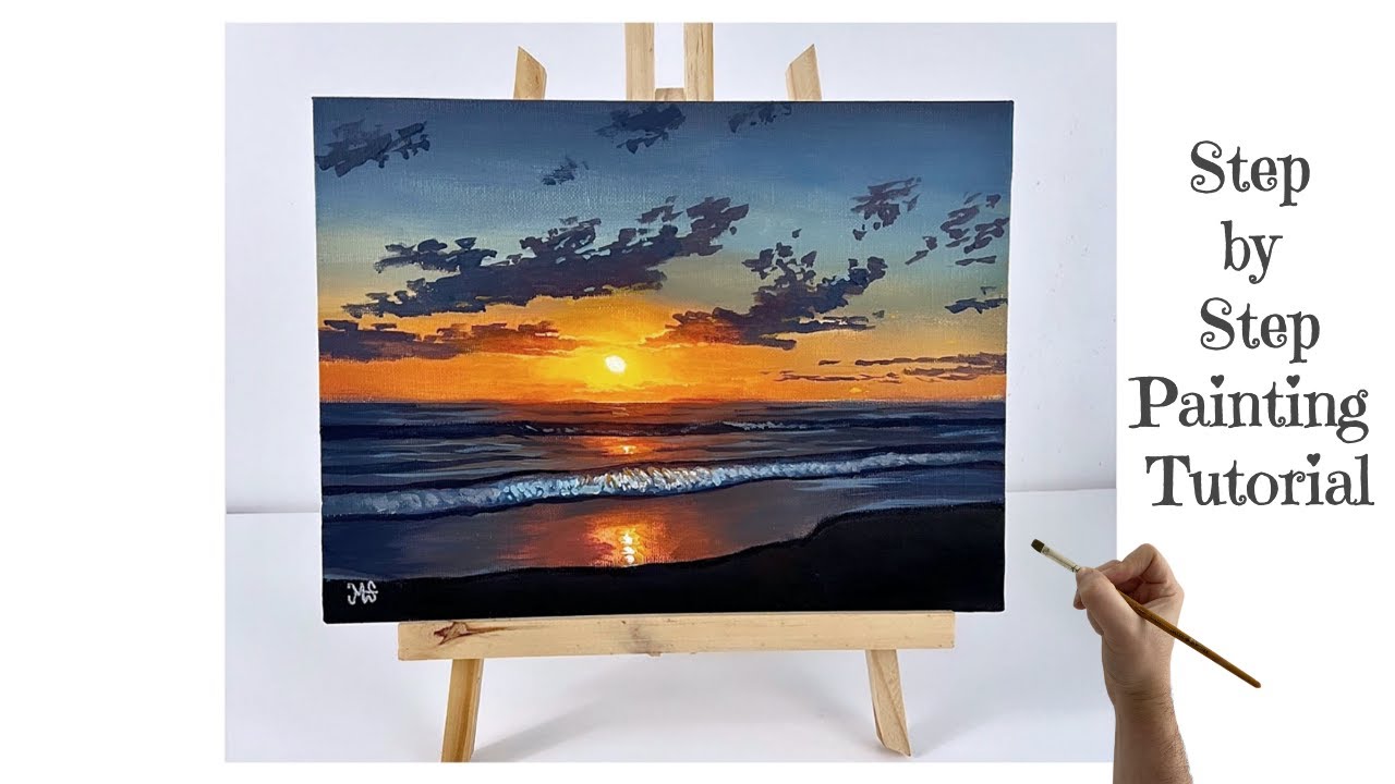 How to paint a Sunset over the ocean for beginners/medium - Acrylic painting tutorial ocean sunset