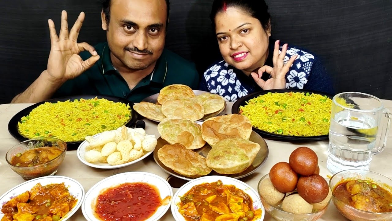 VEG FOOD CHALLENGE VEG PULAO DUMALOO KORAISHUTIR KACHORI MASALA PANEER RASGULLA PANTUA EATING