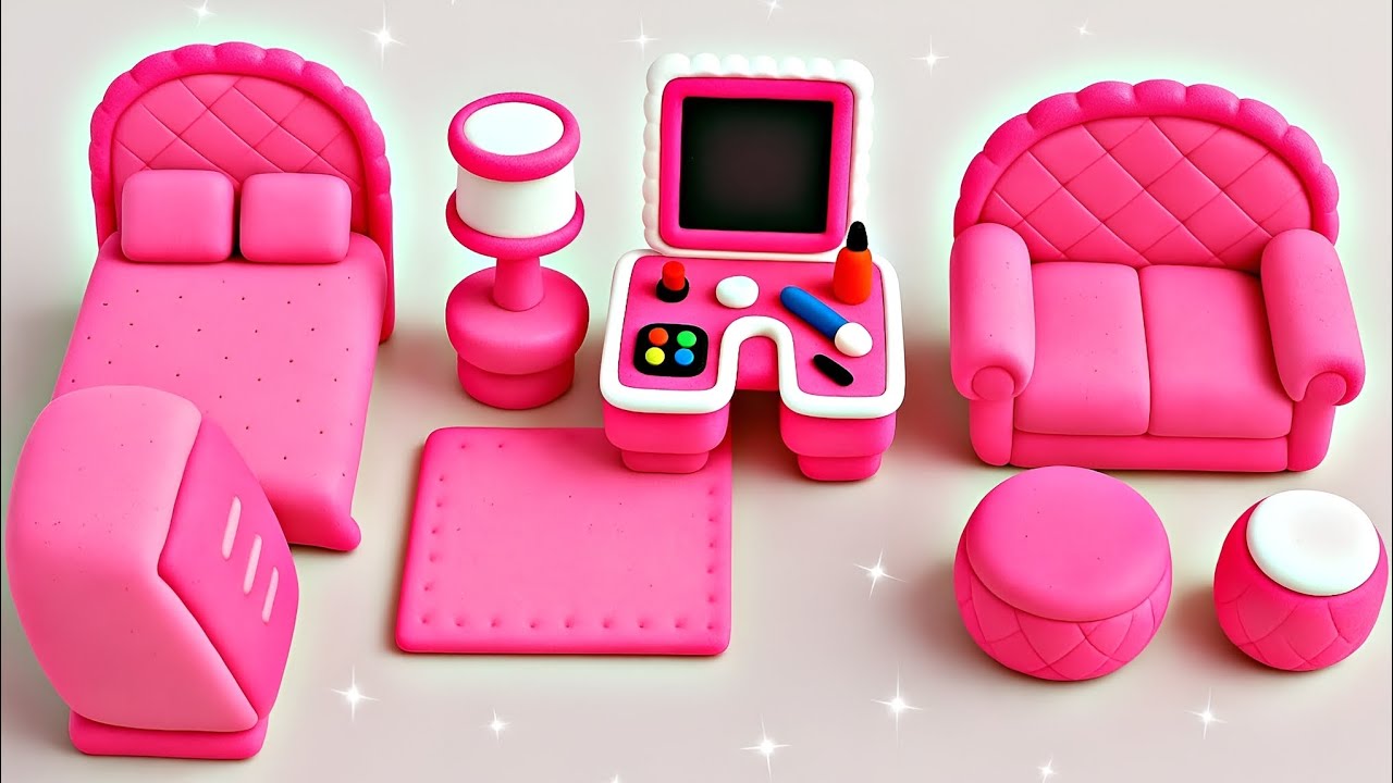 DIY How to Make Polymer Clay Miniature Furniture Set | Mini Bed, Table, Lamp, Dressing table, Sofa
