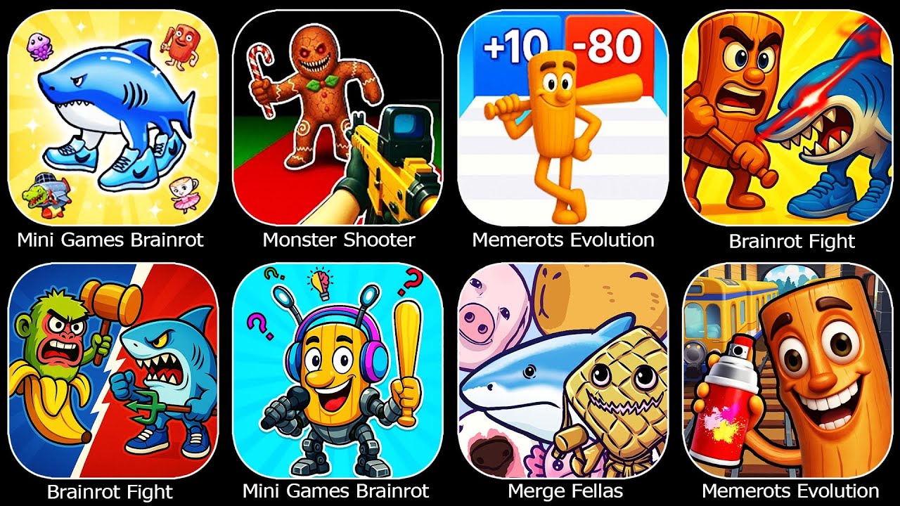 Mini Games Brainrot Challenge,Memerots Evolution Run,Merge Fellas,Monster Shooter Survival FPS