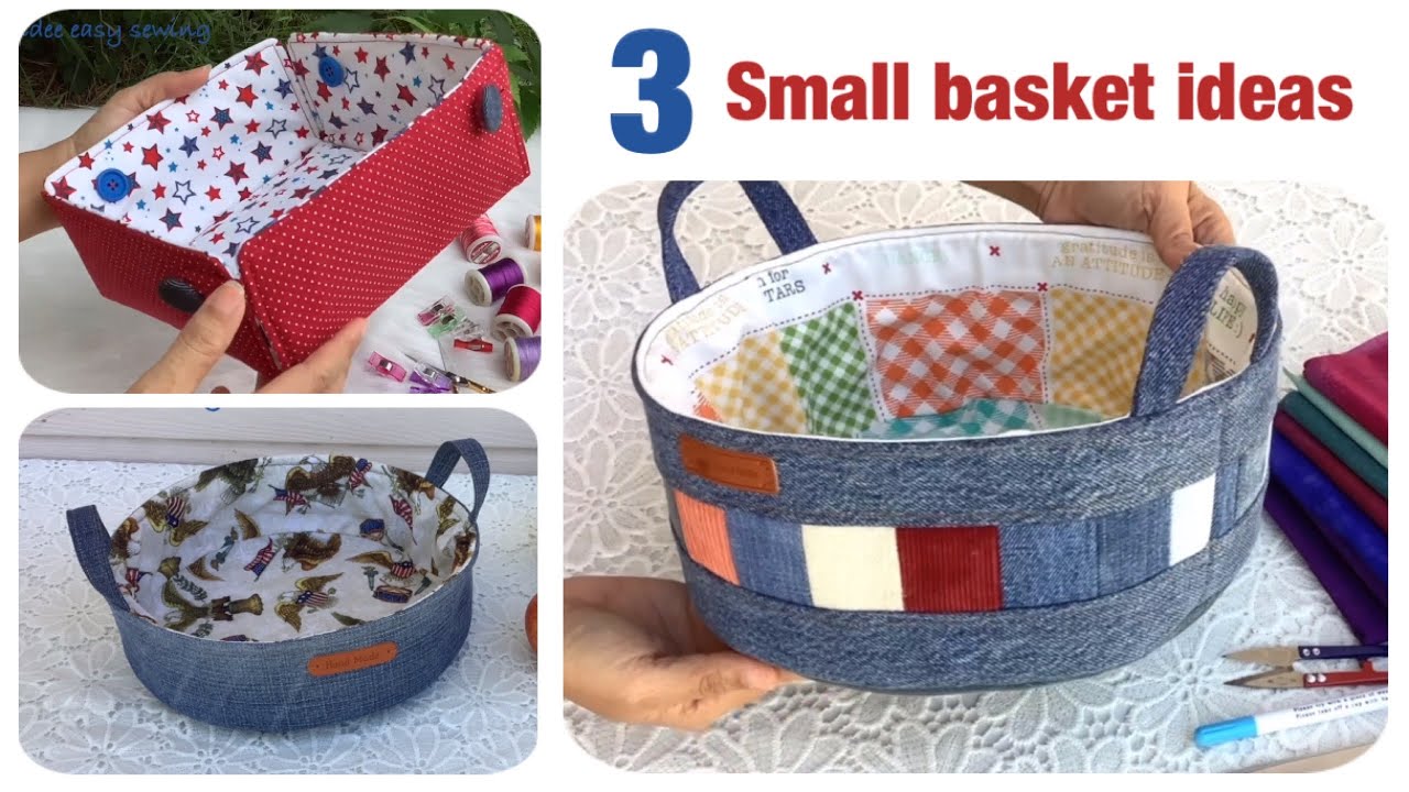 3 small basket ideas from old jeans and fabric tutorial , circle tray tutorial , denim reuse ideas