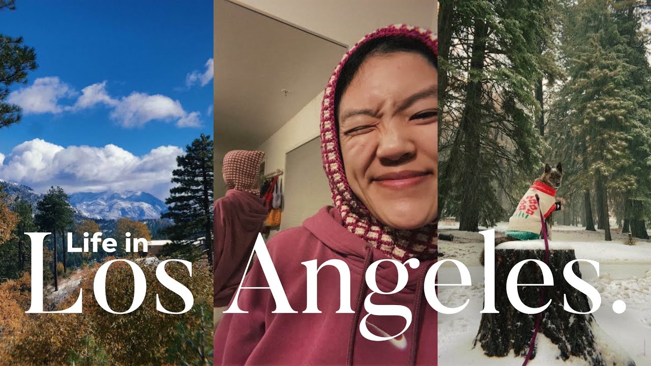 A winter glamping trip near LA: Postcard Cabins adventure. Cozy days, knitting, snowy surprise!