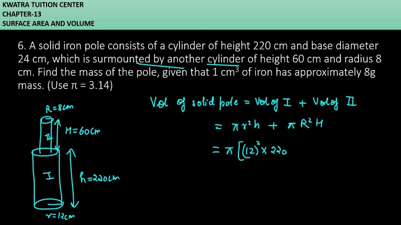 6. A solid iron pole consists of a cylinder of height 220 cm and base diameter 24 cm, wh