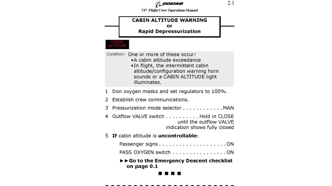 B737-8 QRH Memory Item 04 &ndash; Cabin Altitude Warning or Rapid Depressurization
