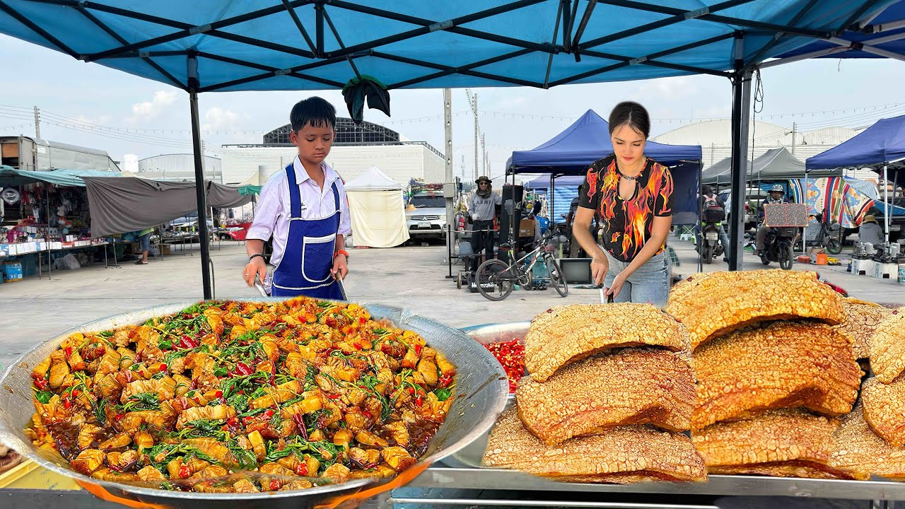 Amazing ! Variety Of Crispy Pork Basil Stir-Fry Cooked By Little Boy Chef | Thai Street Food