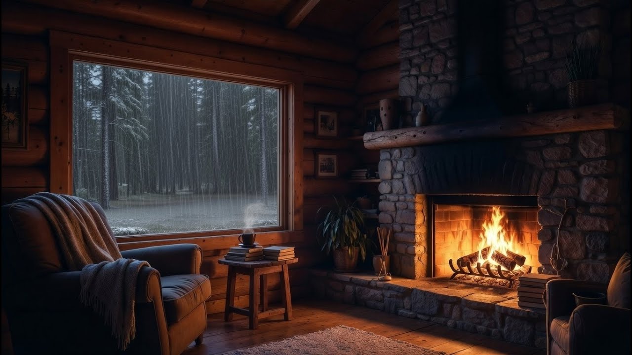 Rainy Cabin Ambience 🌧️🔥 | Fireplace, Thunderstorm & Cozy Warm Room | Sleep, Relax, Focus