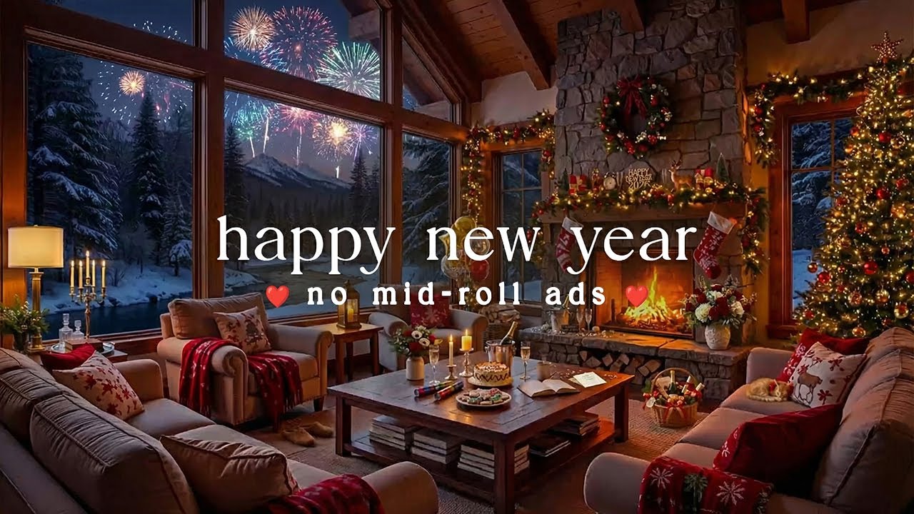 ✨ Warm New Year Jazz (NO MID-ROLL ADS) Cozy Fireplace & Firework Ambience – Happy New Year