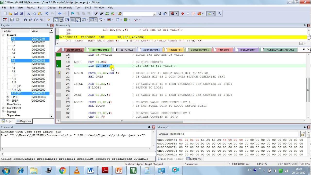 Program to count the number of ones and zeros in two consecutive memory locations