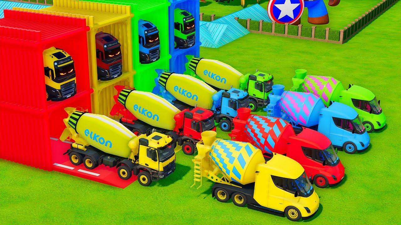 Garage with Colors - ALL MIXER TRUCK WITH DOUBLE FLATBED TRAILER TRUCK, SCANIA, LIZARD, VOLVO, MAN