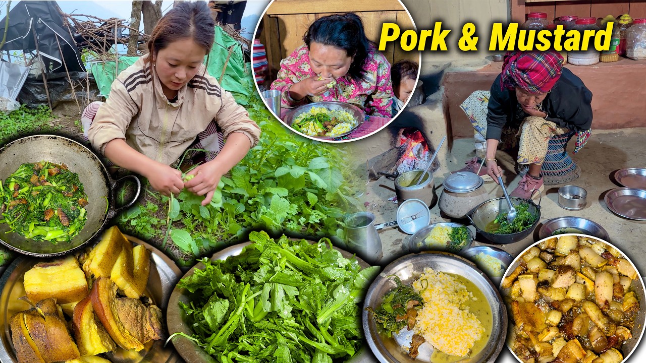 Local Pork & Green Mustard (Rayo) mix recipe with rice Eating सुङ्गुर को मासु र रायोको साग Food vlog