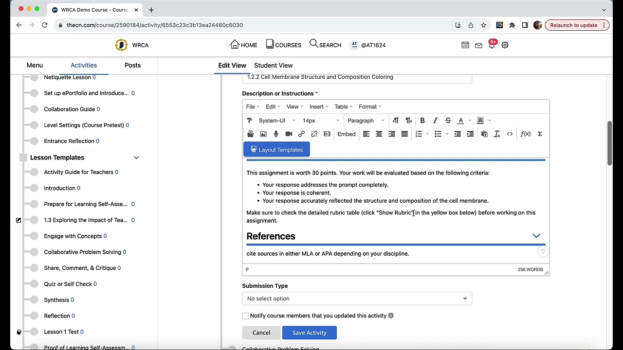Create an Assignment Activity with Rubric