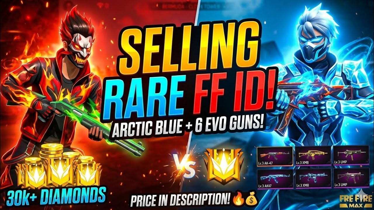 🔥 SELLING MY RARE FREE FIRE ID! | 30k+ DIAMONDS TOP-UP | ARCTIC BLUE + 6 EVO GUNS 💎