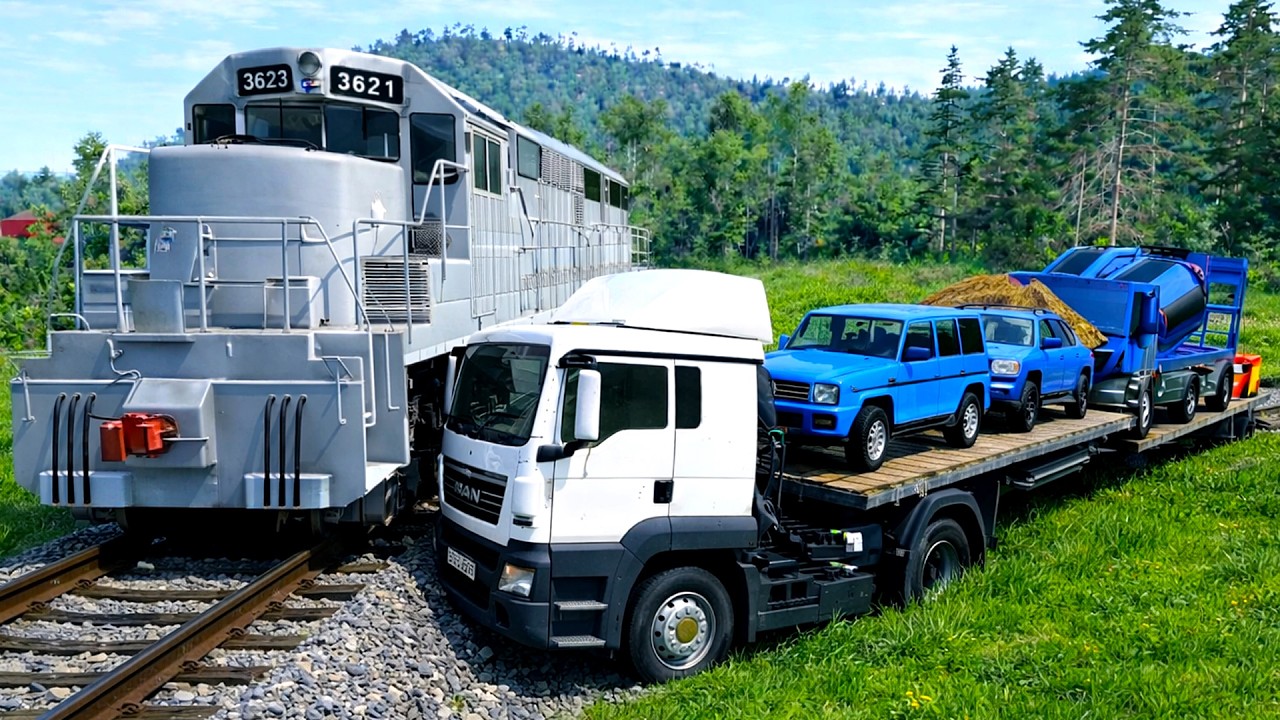 Double Flatbed Trailer Chaos: Loaded Cars vs Train on Rails & Steel Bollards | BeamNG Drive