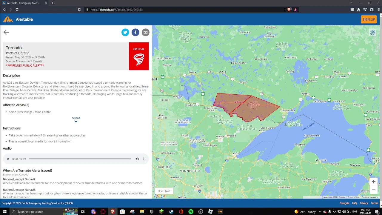Tornado warning alert for northwestern Ontario