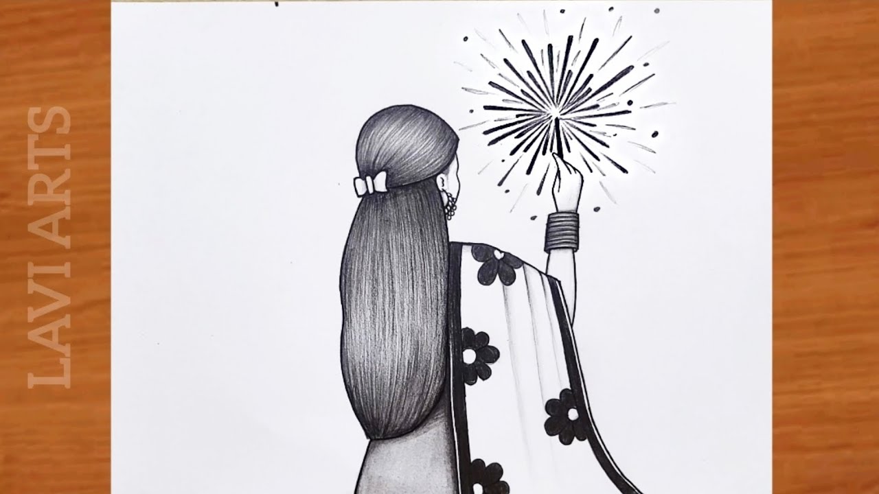 How to draw Girl Burning Crackers | Diwali drawing | Happy diwali drawing | Diwali Drawing Pictures