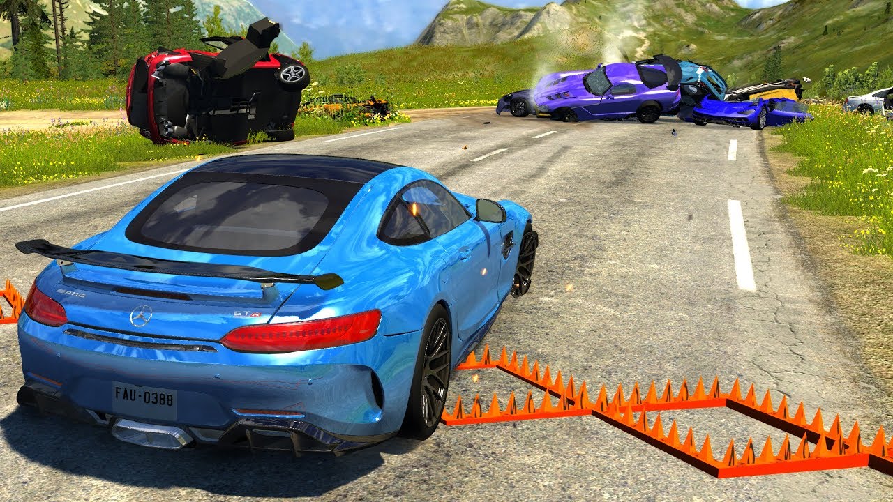 Spike Strip Multi-Vehicle Pileup Crashes #12- BeamNG Drive Police Spike Strip Testing