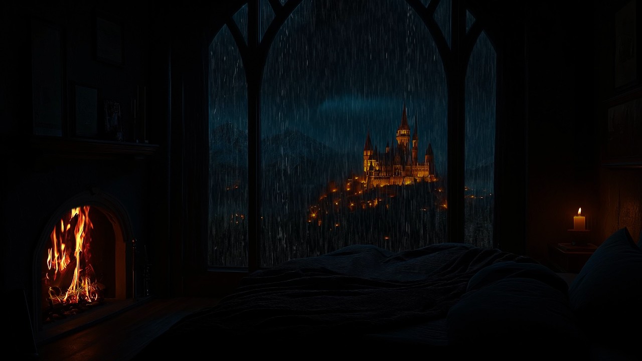 Instant Sleep with Rain, Thunder & Fireplace 😴 Heavy Rain on Window ASMR in a Cozy Castle Bedroom