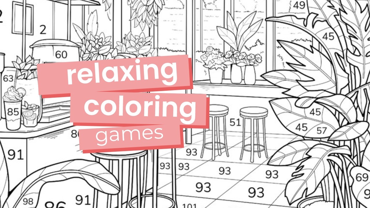 An aesthetic cafe interior filled with plants and bar stools | Coloring Games