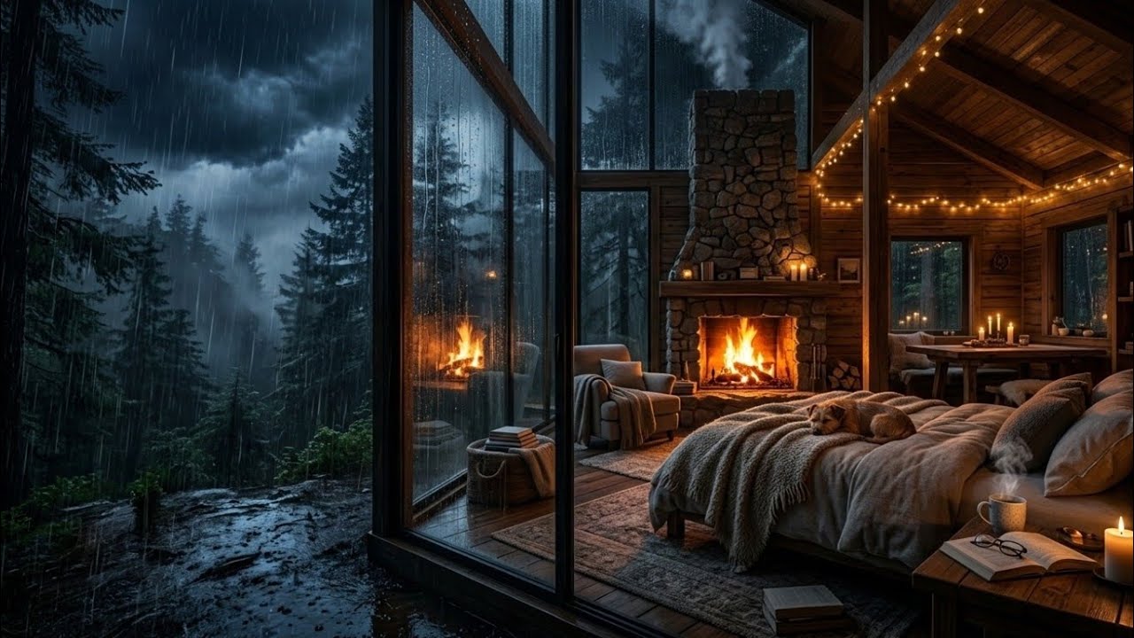 2 Hours Cozy Cabin Rainstorm Night 🌧️ Fireplace Sounds for Deep Sleep & Relaxation (4K)