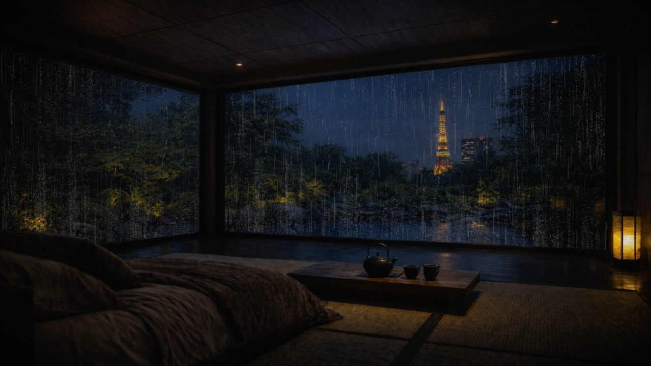 Heavy Rain Sounds in Tokyo (No Ads) | Dark Bedroom Ambience for Sleeping