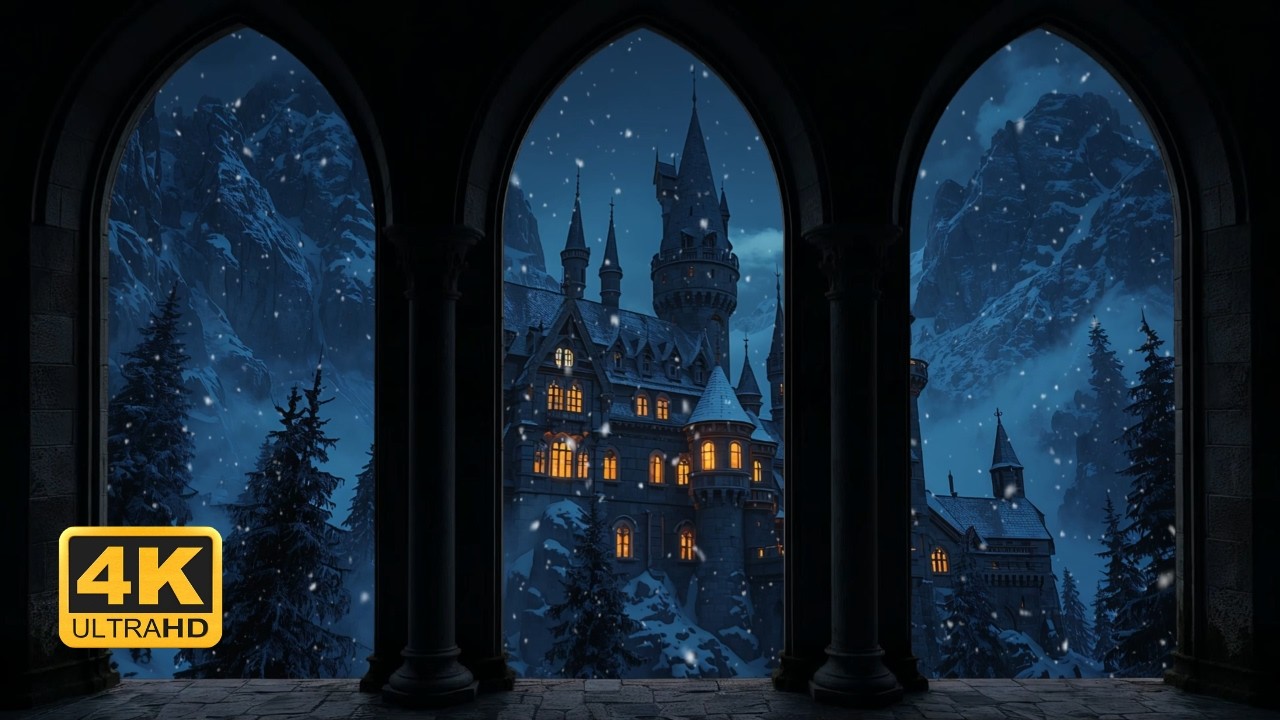 🏰 Magical Winter Castle Window – Snow & Cold Wind 4K For Study & Relaxation