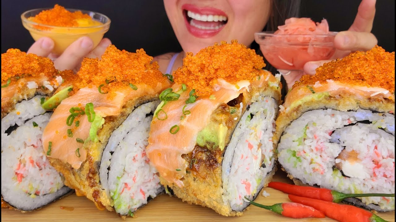 GIANT SALMON FRIED SUSHI ROLL ASMR MUKBANG OMAD CRUNCHY MESSY EATING NOISES BIG BITES SEAFOOD