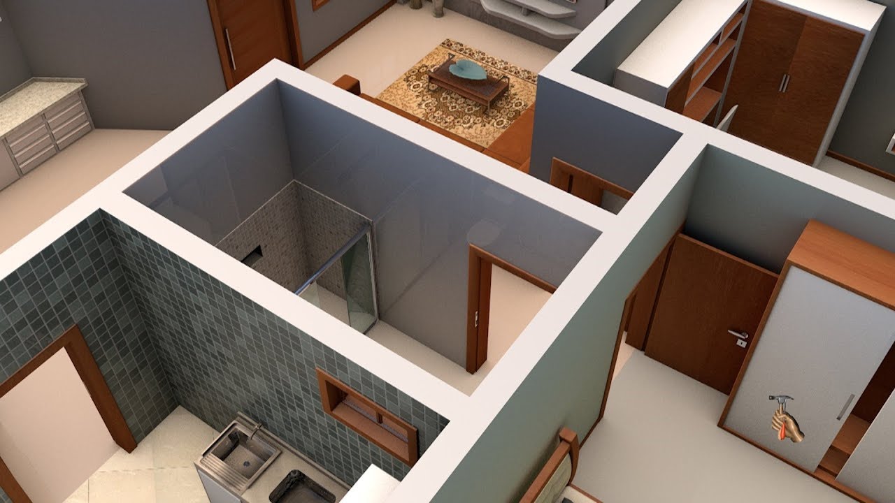 Planta simples 3D com dois quartos