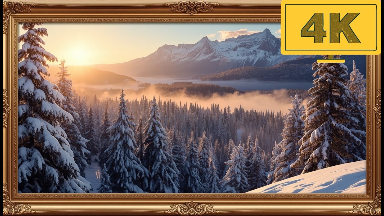 4K TV WALLPAPER Golden Sunrise Over Snowy Pine Forest & Majestic Mountains