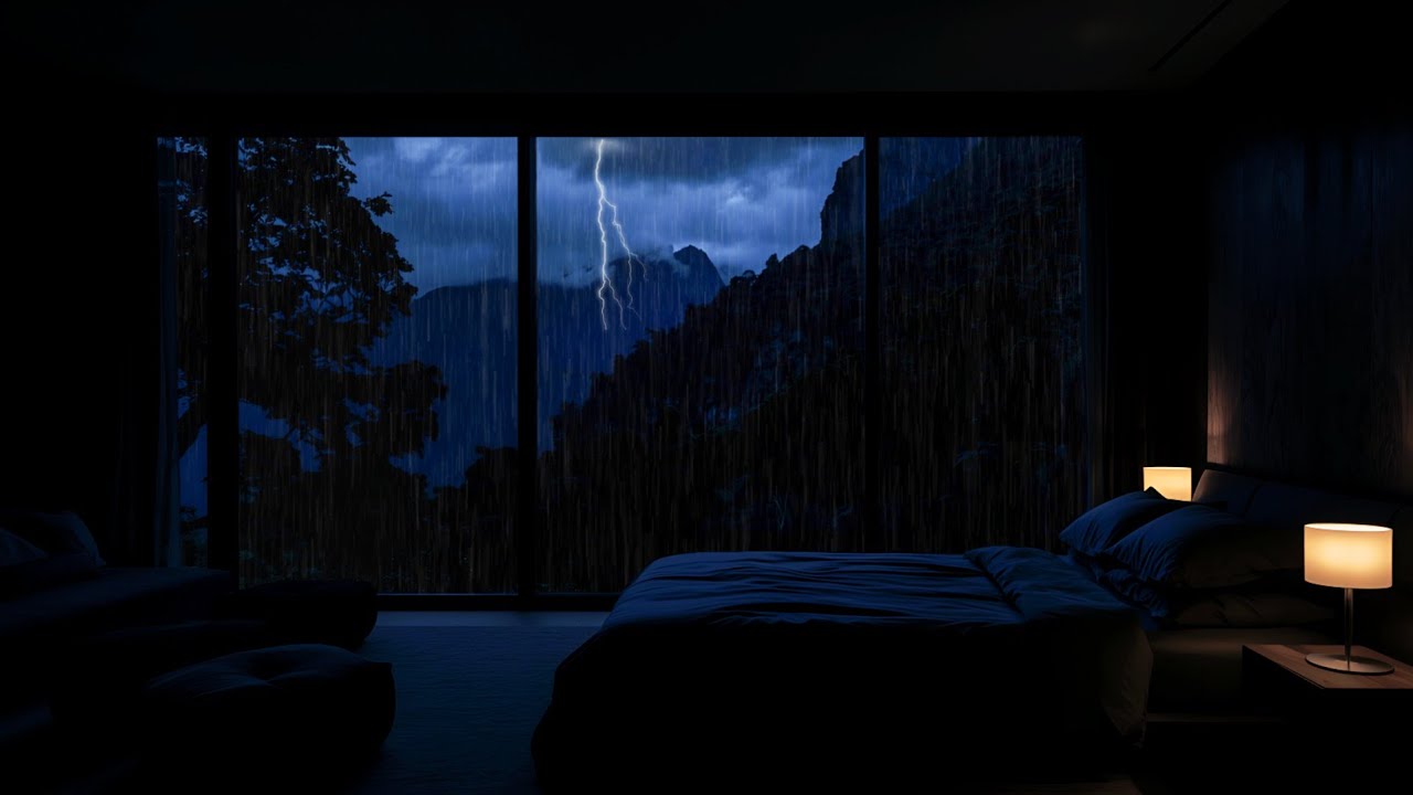 Heavy Rain on Corner Window 🌧️ Cozy Bedroom Lamp Ambience for Study, Focus & Deep Sleep