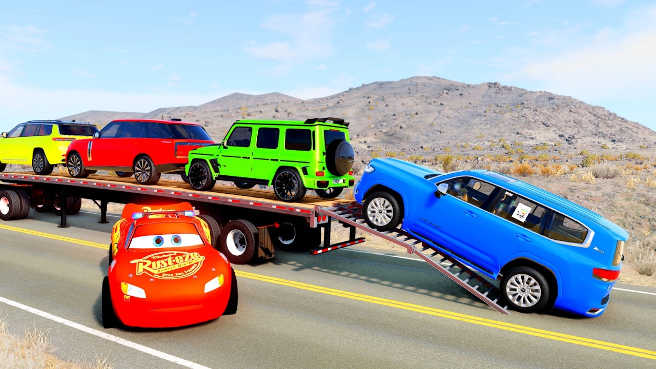 Flatbed Truck McQueen | Transportation with Truck - Speedbumps vs Cars vs Train - BeamNG.Drive #30
