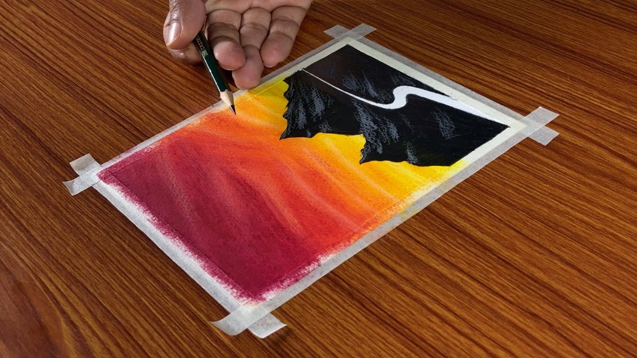 Beautiful Sunset Mountain Scenery / Drawing for Beginners with Oil Pastels/ Step by Step
