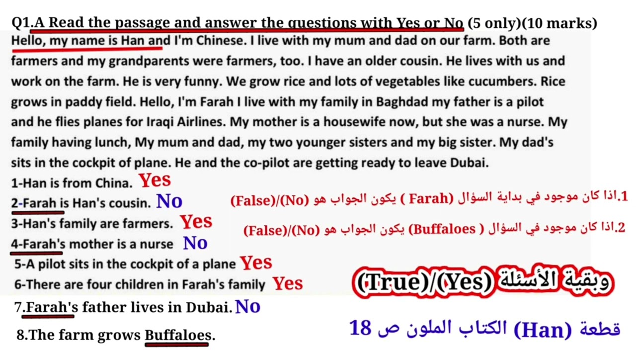 انكليزي سادس ابتدائي جميع قطع الكتاب الملون وطريقه بسيطه للاجابه على الأسئلة بدون ترجمه اظمن 10درجات