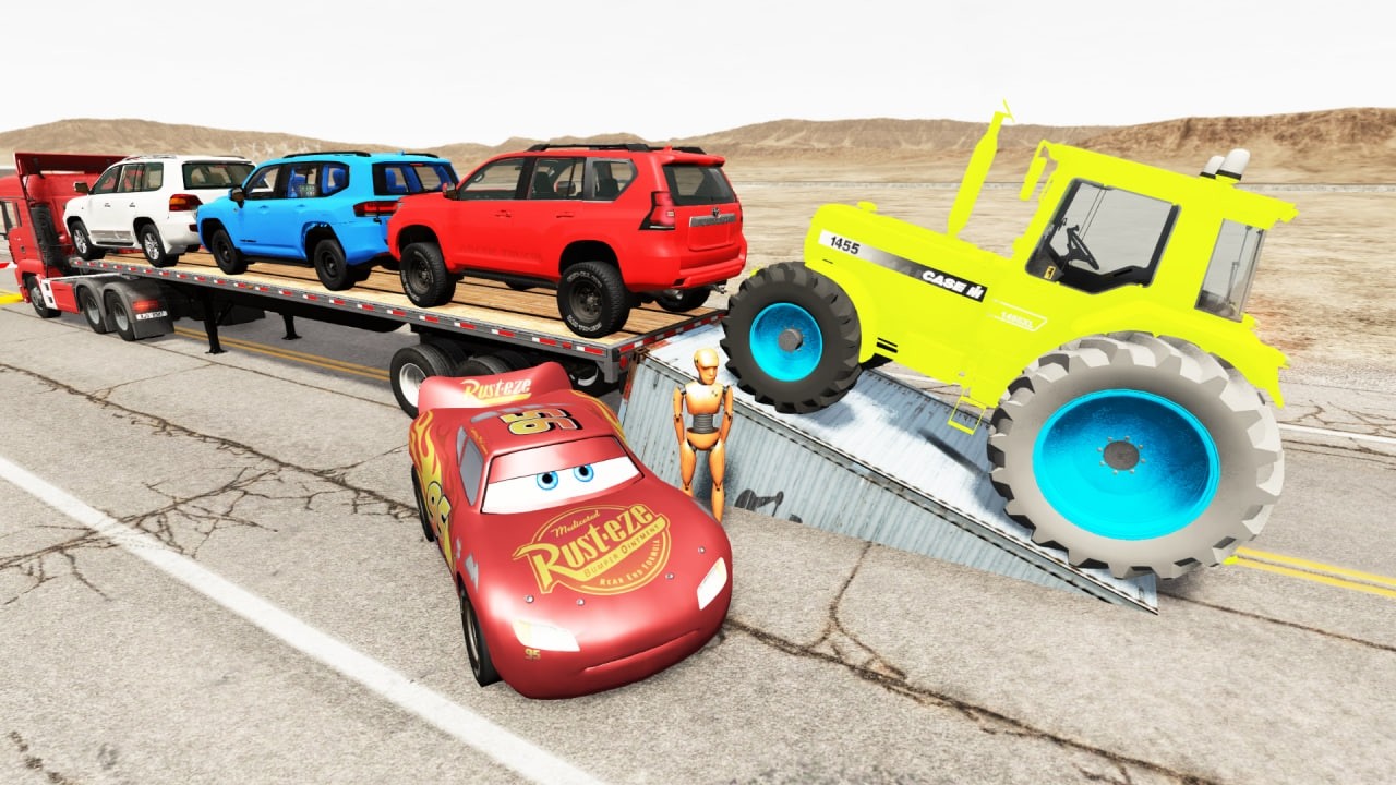 Truck Transporting Cars vs Speed Bump & Train | BeamNG Drive Crash#006
