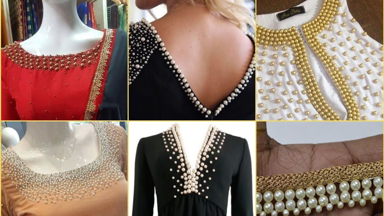 Latest neck designs with pearl and laces for kurtis and salwar suits