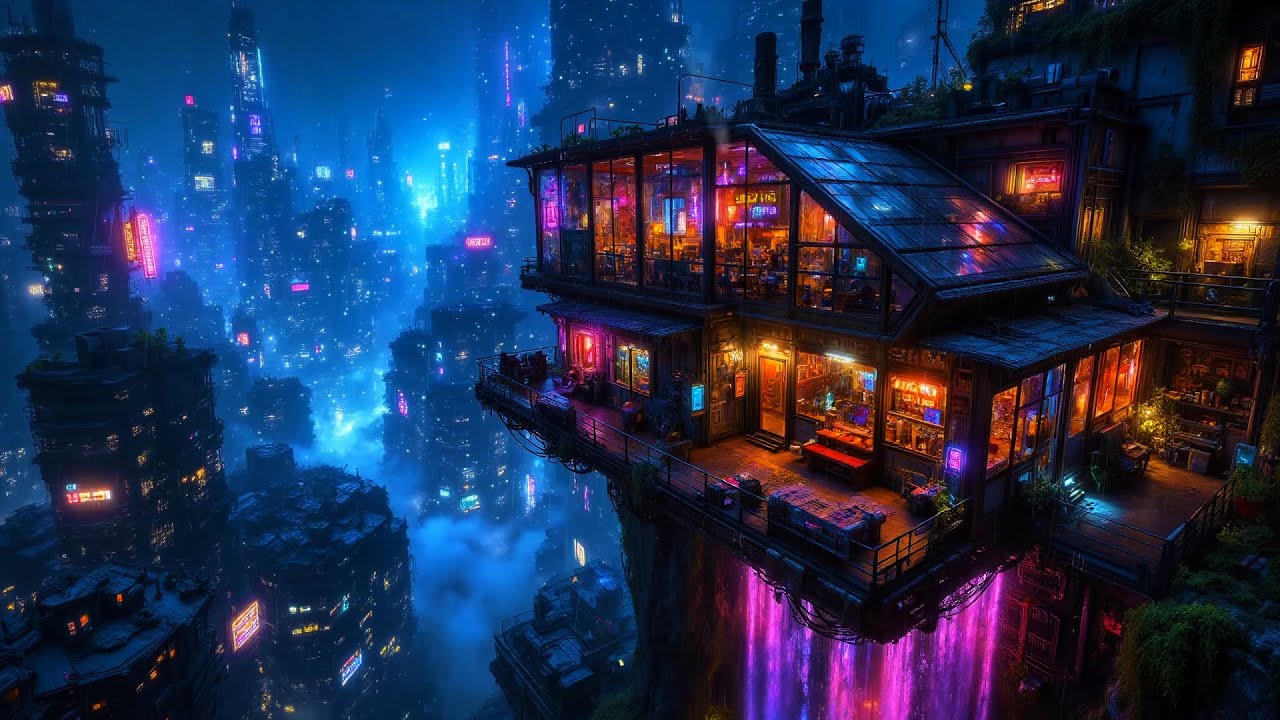 Lofi Ambient – Cyberpunk Cafe in the Rain Overlooking a Neon City  Relaxing Study Ambience  4K