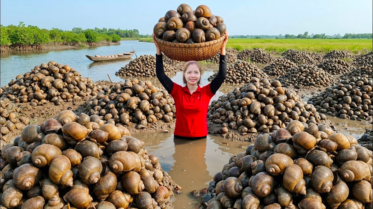 Harvesting Lots of Giant Snails in Wild Mud Pond & Go to Market Sell | Linh &ndash; Free Bushcraft