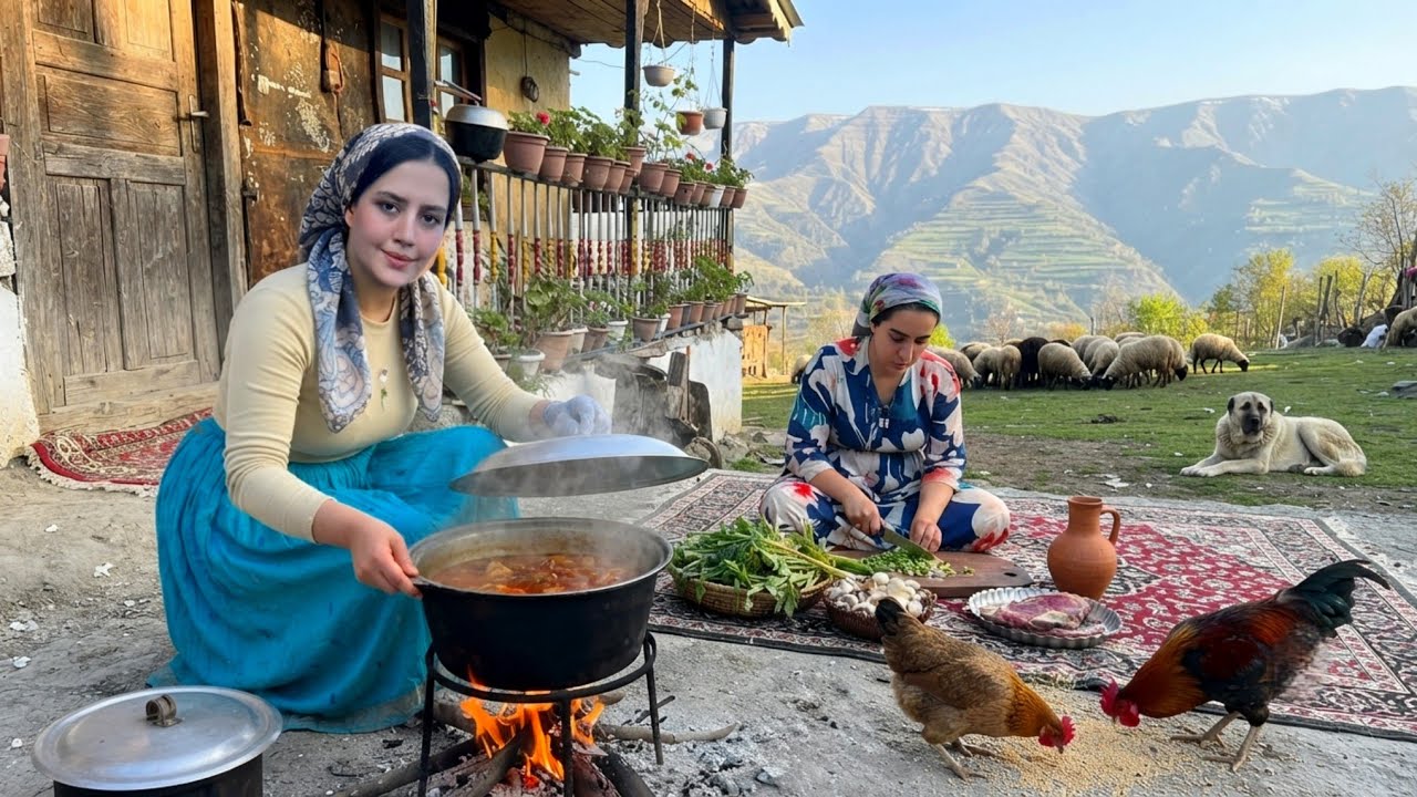 IRAN village life; Cooking meat with vegetables