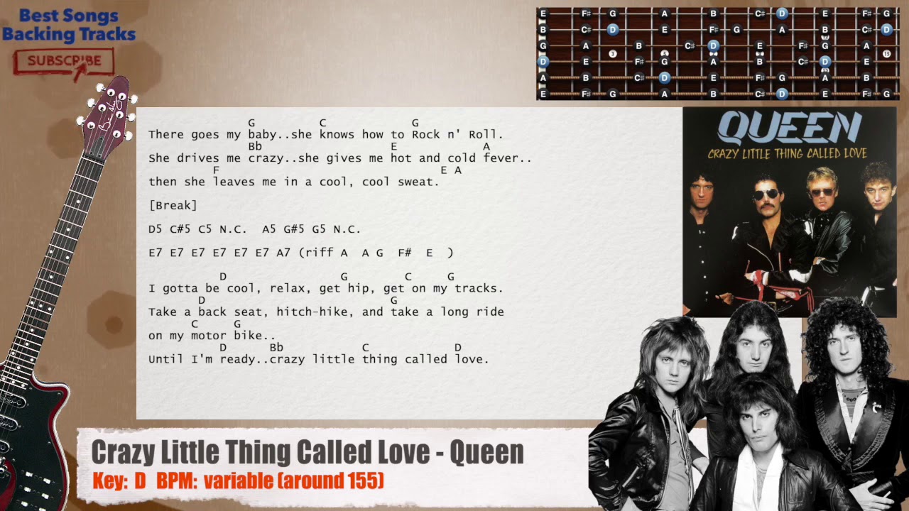 🎸 Crazy Little Thing Called Love - Queen Guitar Backing Track with chords and lyrics