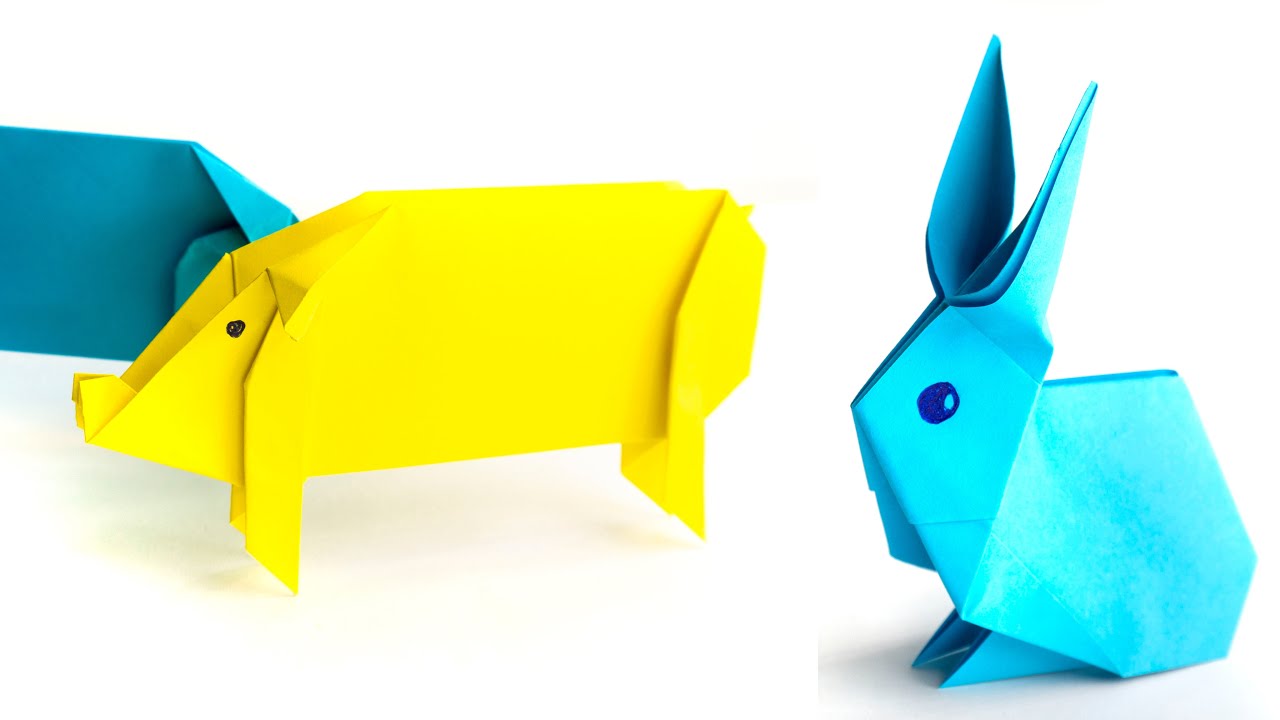 Cerdo de papel vs. conejo de papel. Idea de origami.
