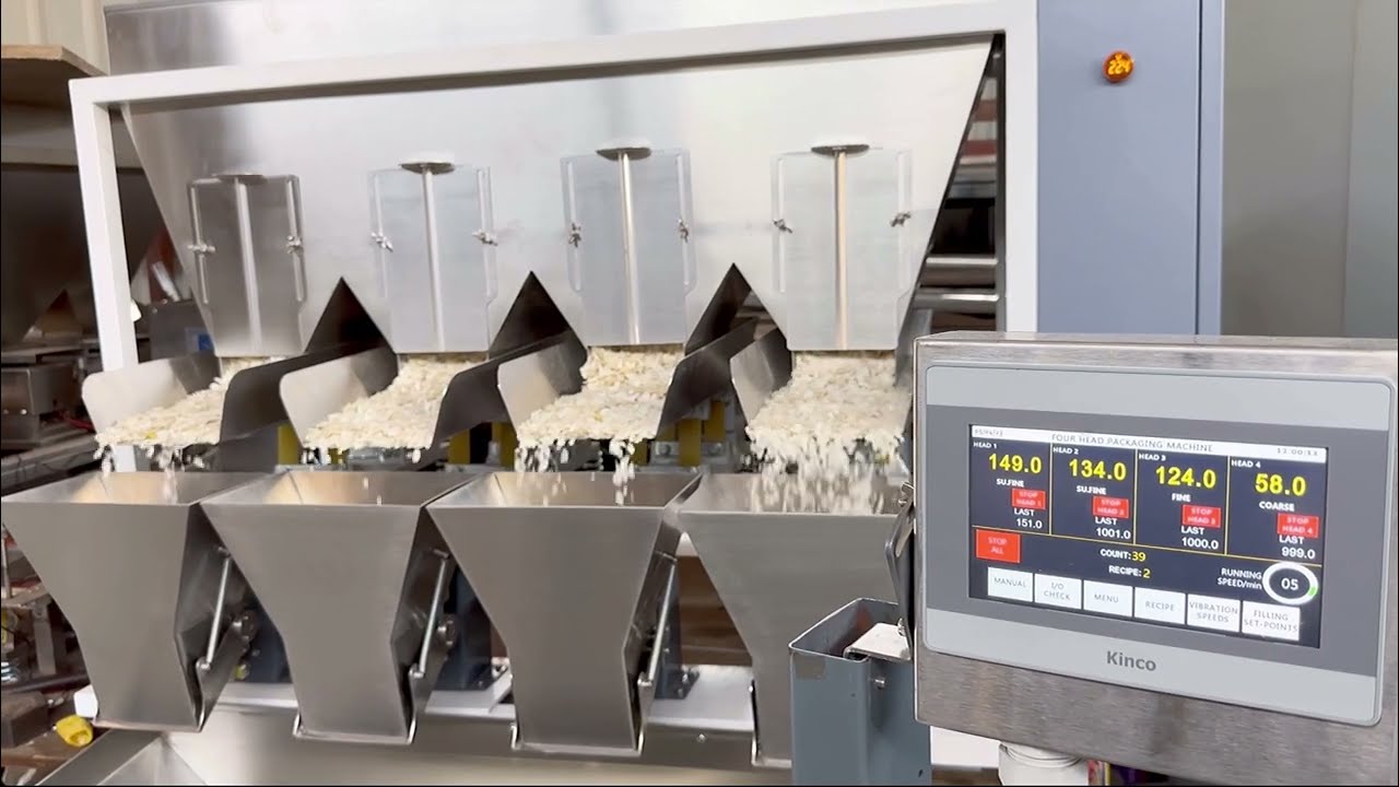 Motorised 4 Four Head Linear Vibratory Filler System. Granules, grain , fertiliser, coffee packing