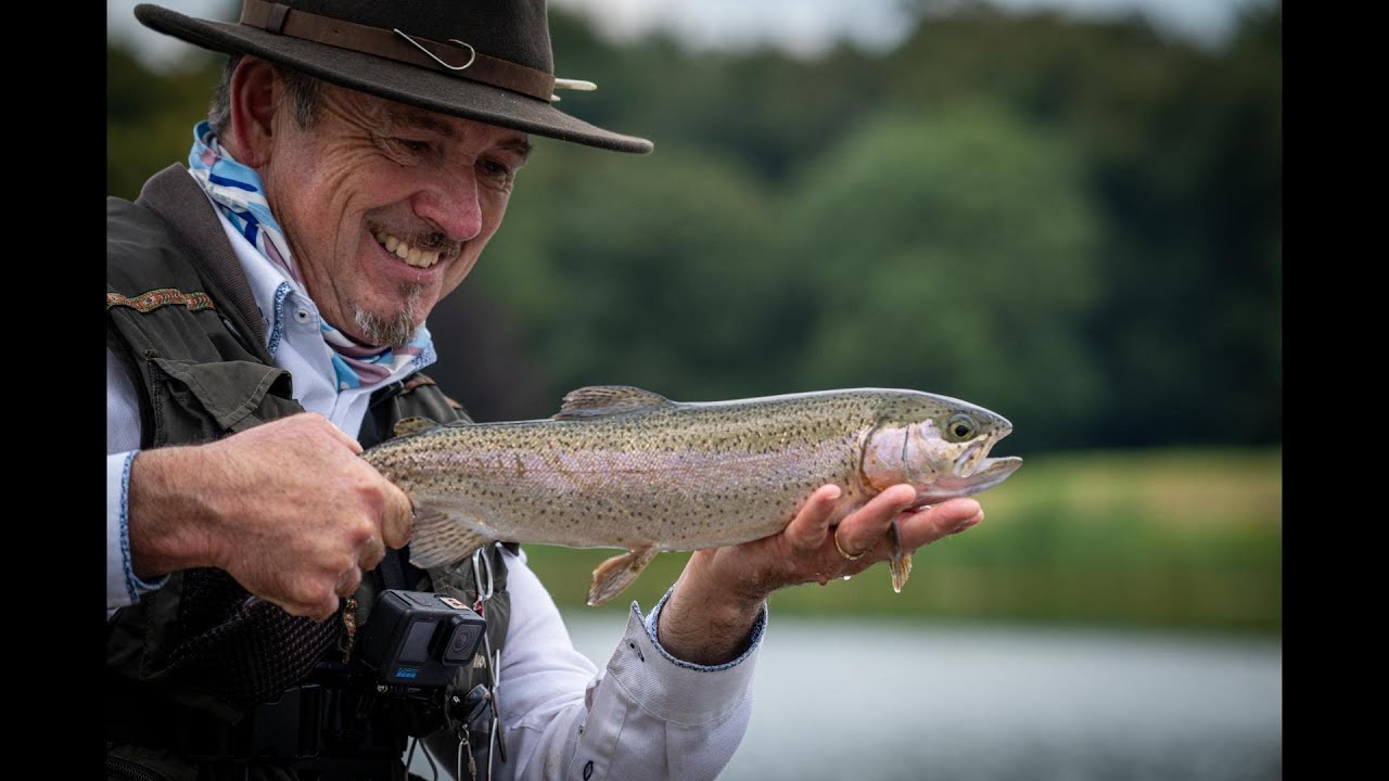 Rainbow trout top water action. Flyfishing with the Daddy Longlegs dry fly. lake at Adate Manor.