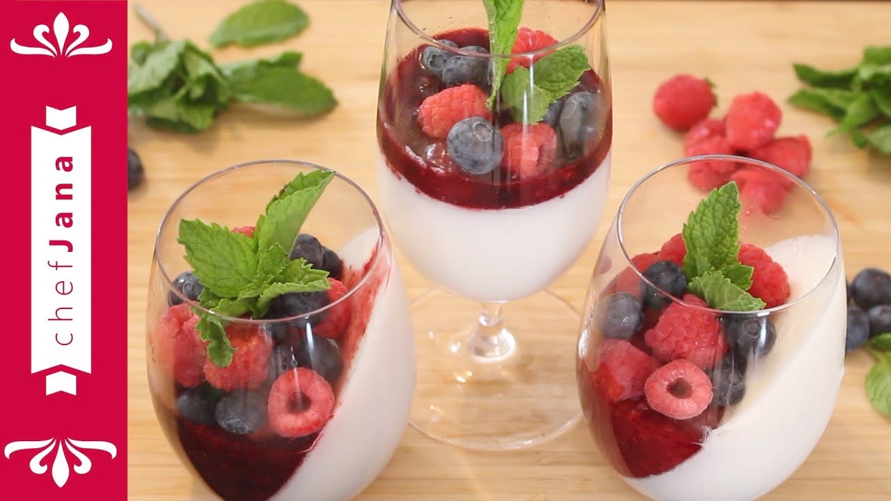 Easy and simple ingredients vegan Panna Cotta with red berries coulis