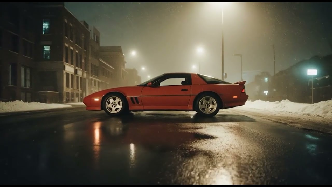 Midnight Snow Drive | Red Classic Car in a Winter City Night & Chill Beats