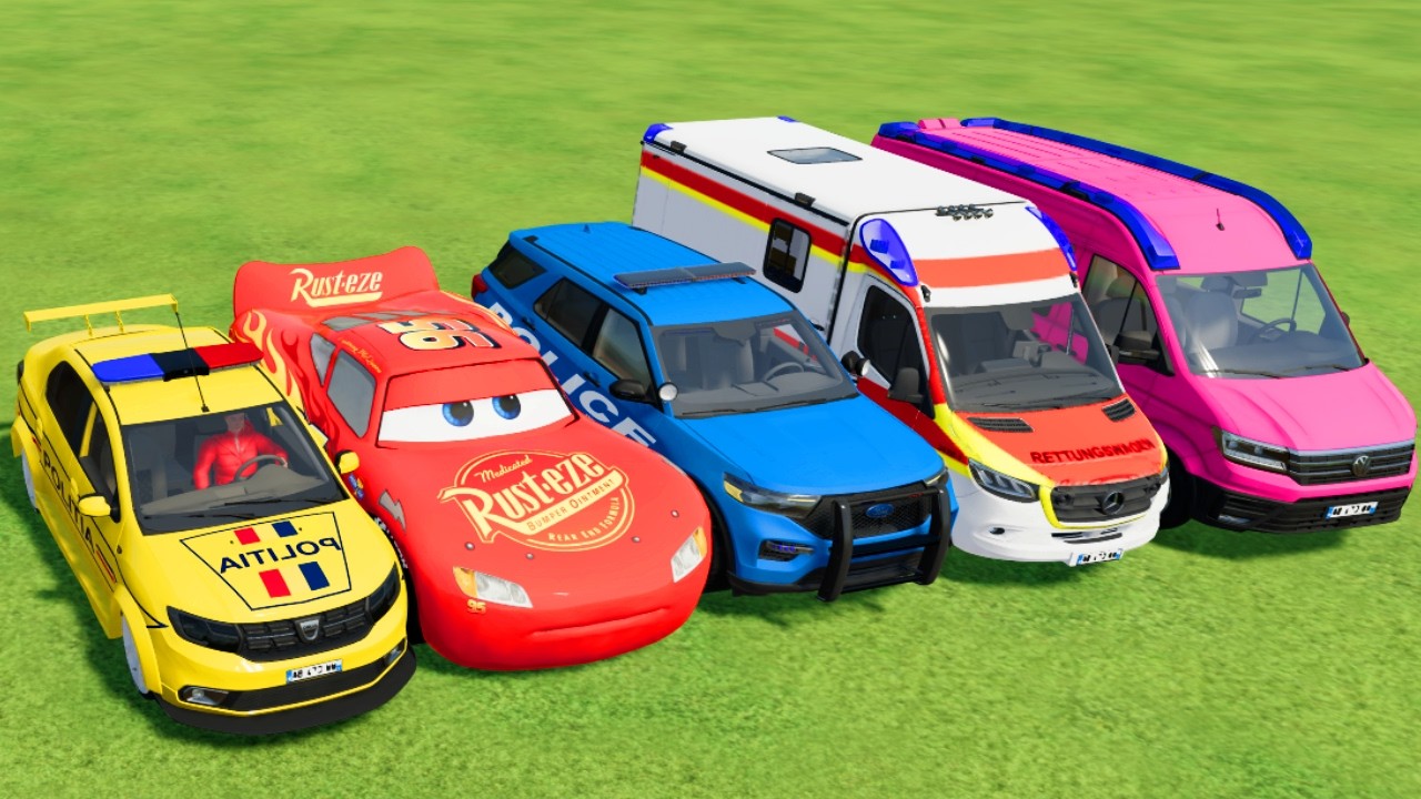 TRANSPORTING POLICE CARS, AMBULANCE, FIRE TRUCK, COLORFUL CARS WITH TRAIN -FARMING SIMULATOR 22!