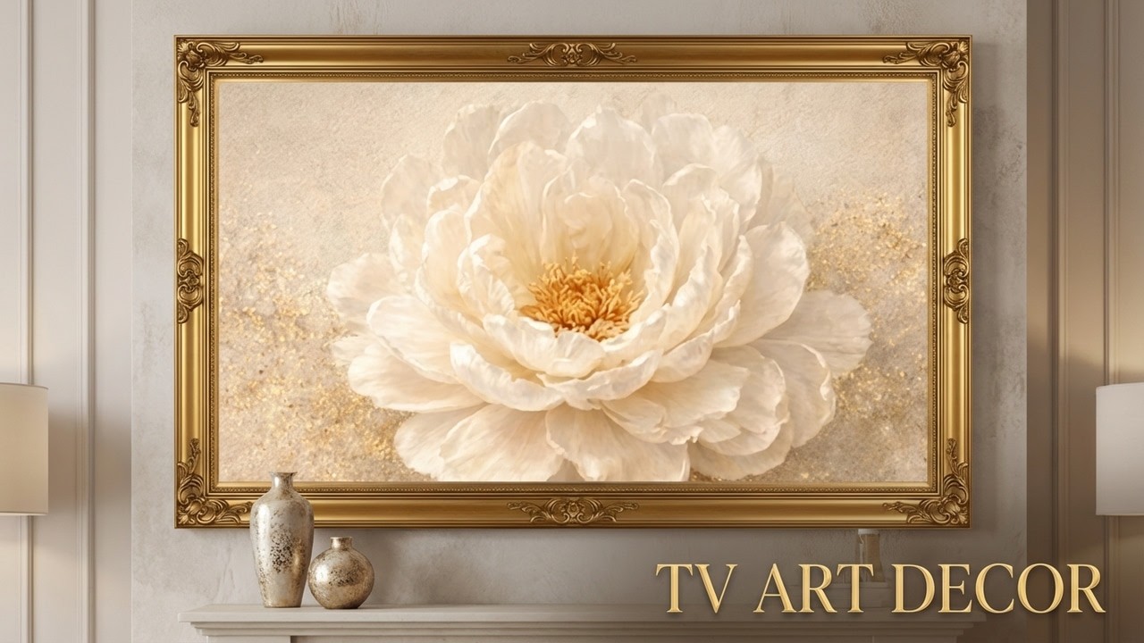 Marco Dorado con Peonías Blancas 4K | Pantalla Decorativa Silenciosa | Arte para TV