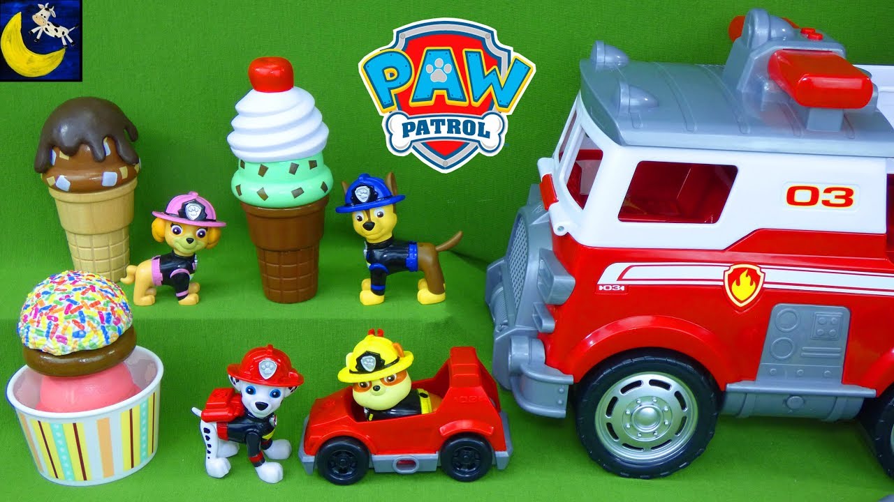 Paw Patrol Ultimate Rescue Fire Truck Fireman Pups Get Surprise Desert Ice Cream Cones Toys Video